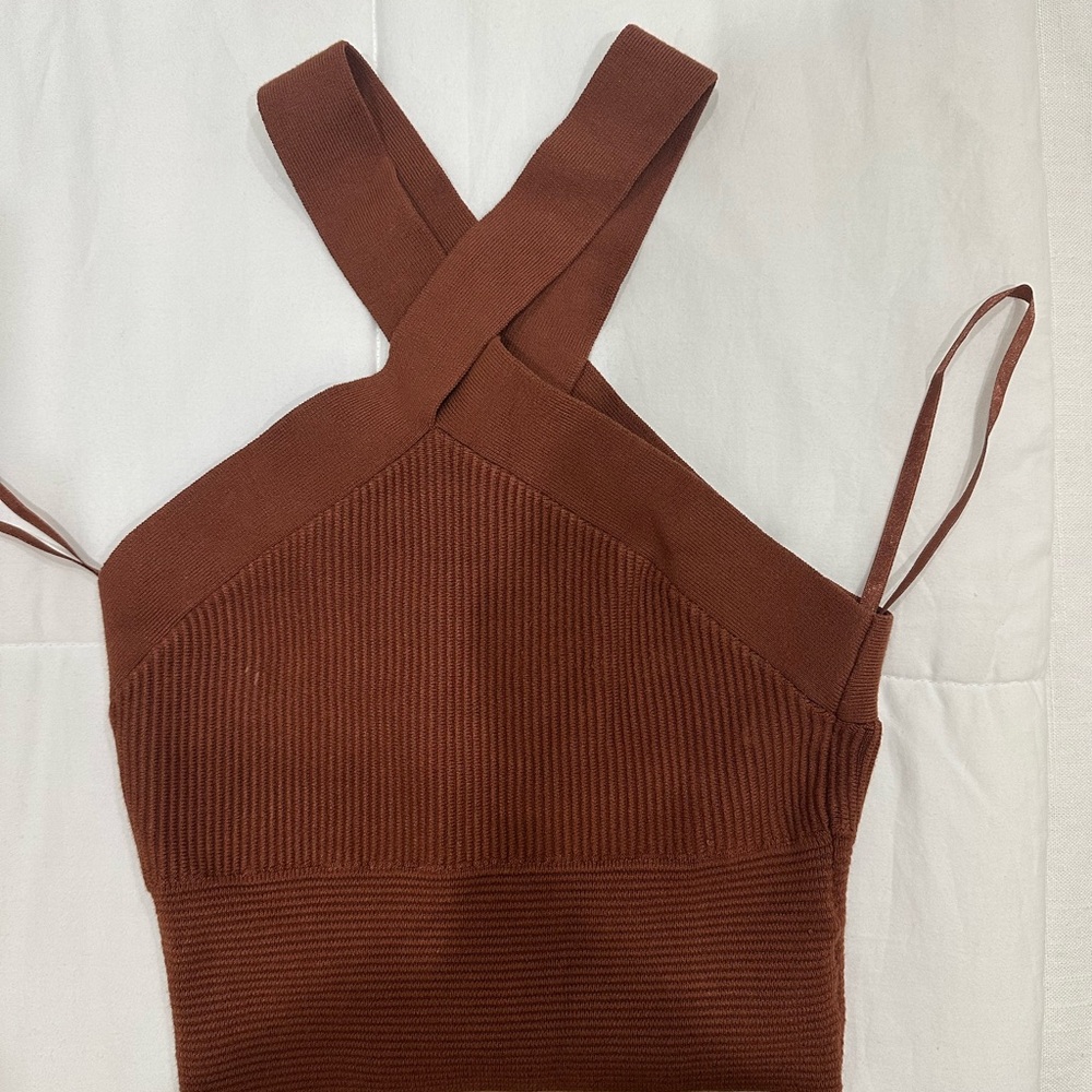 Brown Ribbed Knit Cross-Back Top